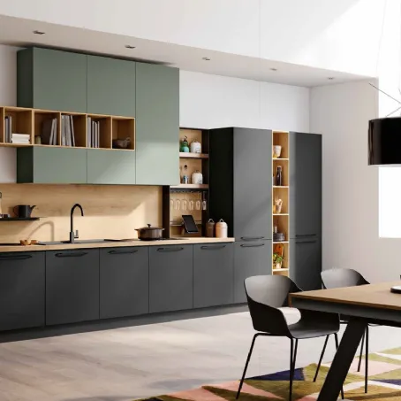 Cucina lineare Moderna in laccato Nero e Verde opaco con top in Rovere decapato Tropea DM0682 di Imab