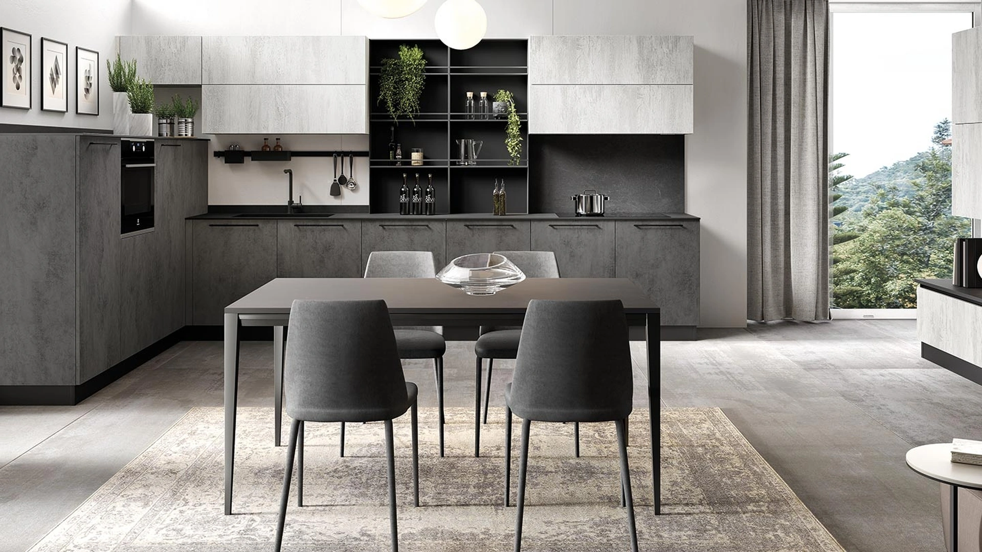 Cucina angolare su misura Futura in melaminico finitura Cemento scuro e Pietra Bianco di Evo Cucine